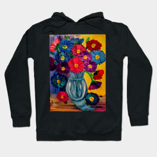 fun and colorful abstract flowers set against a multi-color background Hoodie